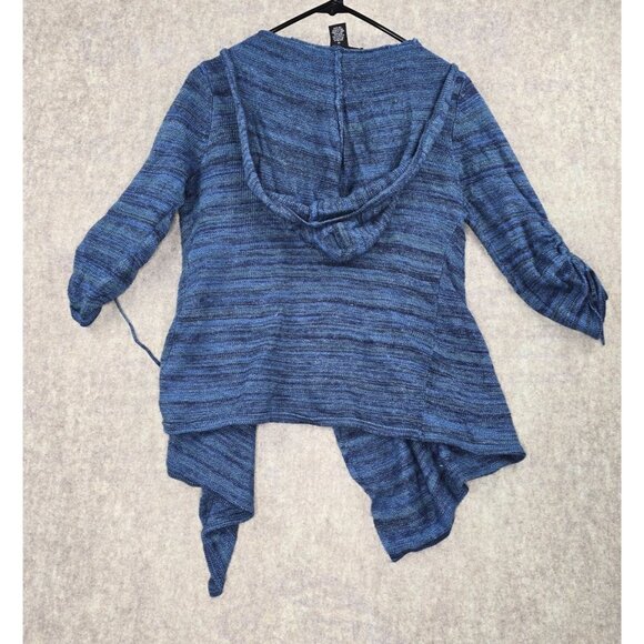 Blue Hooded Open Front Cardigan With Ruched Sleeves Knit Fabric Size M - Picture 2 of 6